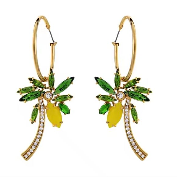 New Betesy Johnson Gold and Green Tropical Coconut Tree Crystal Hoop Earrings - Picture 1 of 8